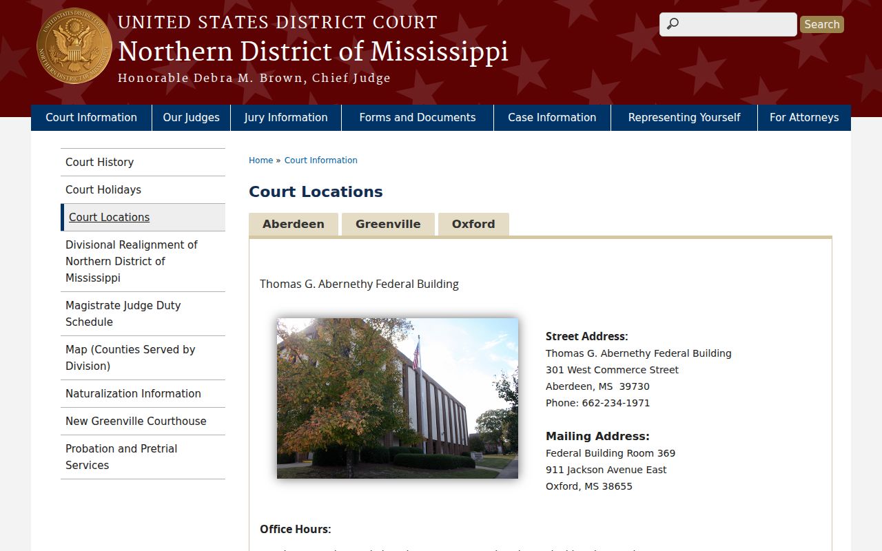 Official federal courthouse locations page for Mississippi
