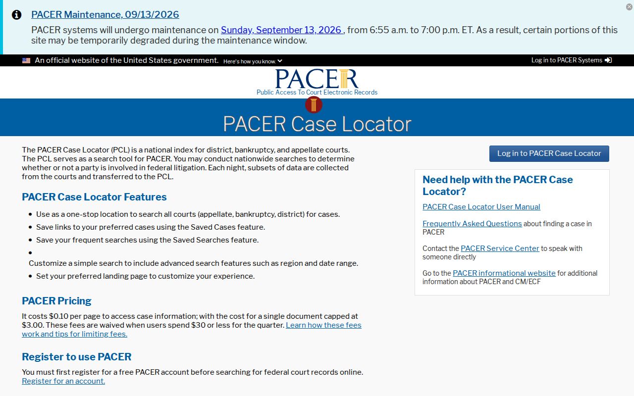 Official federal PACER Case Locator interface